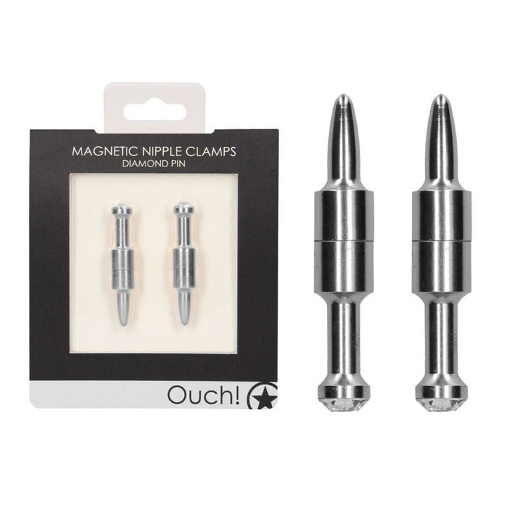OUCH! Magnetic Diamond Pin Silver Nipple Clamps - Set of 2