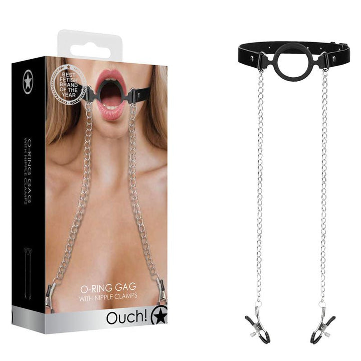 OUCH! O-Ring Gag With Nipple Clamps - Black Mouth Restraint