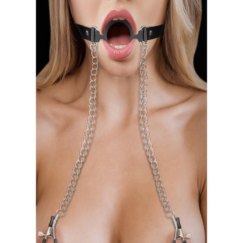 OUCH! O-Ring Gag With Nipple Clamps - Black Mouth Restraint