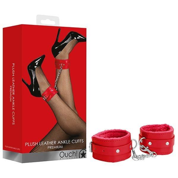 OUCH! Plush Leather Ankle Cuffs - Red Restraints