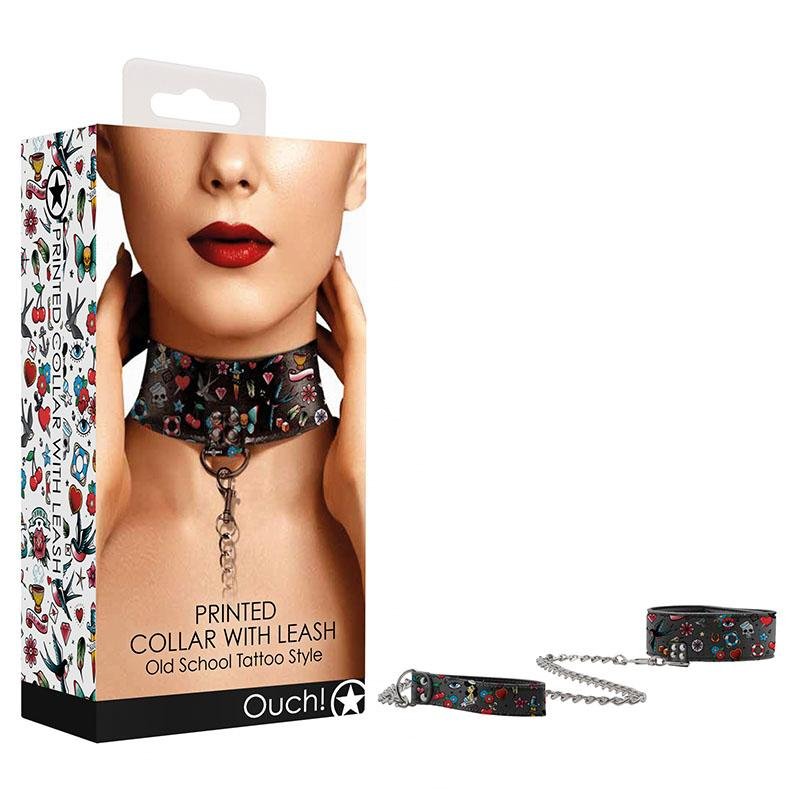 OUCH! Printed Collar With Leash - Old School Tattoo Style 