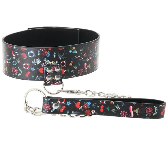 OUCH! Printed Collar With Leash - Old School Tattoo Style