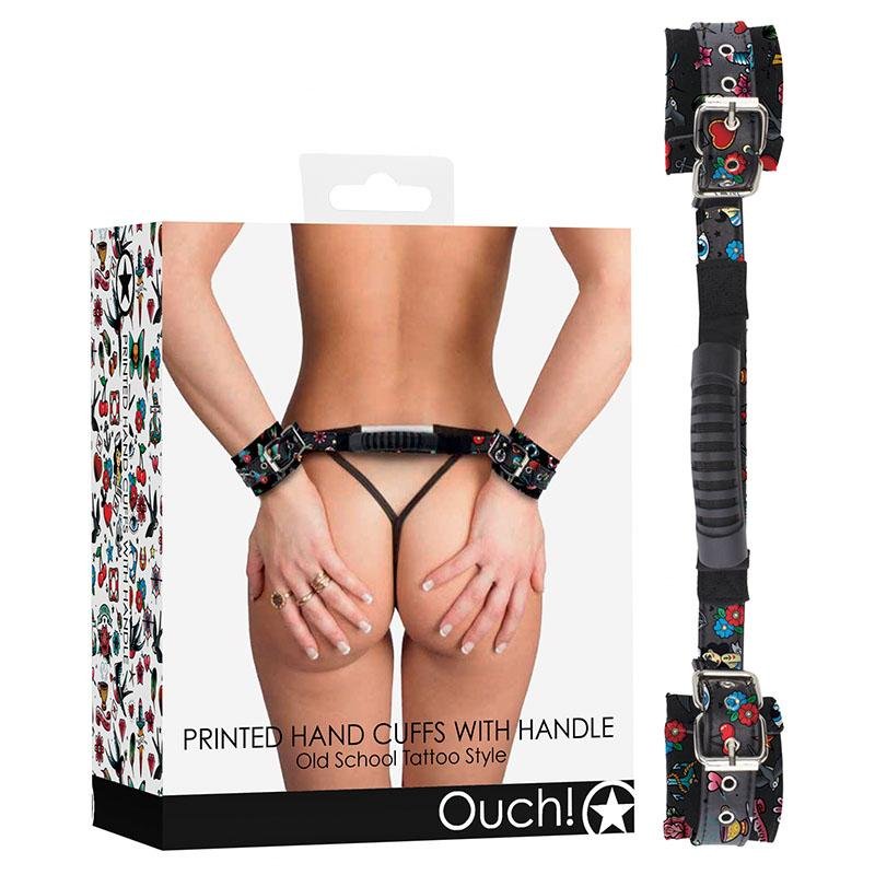 Ouch! Printed Handcuffs with Handle - Old School Tattoo Style Restraints
