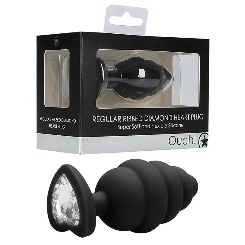 Ouch! Regular Ribbed Diamond 7cm Heart Plug with Gem Base 