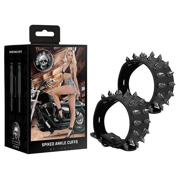 Ouch! Skull & Bones Ankle Cuffs with Spikes - Black Adjustable Restraints