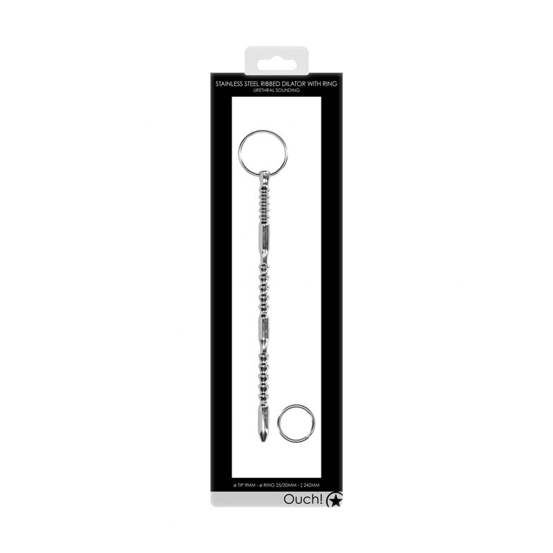 OUCH! Urethral Sounding Ribbed -  Stainless Steel 24cm Dilator with Ring