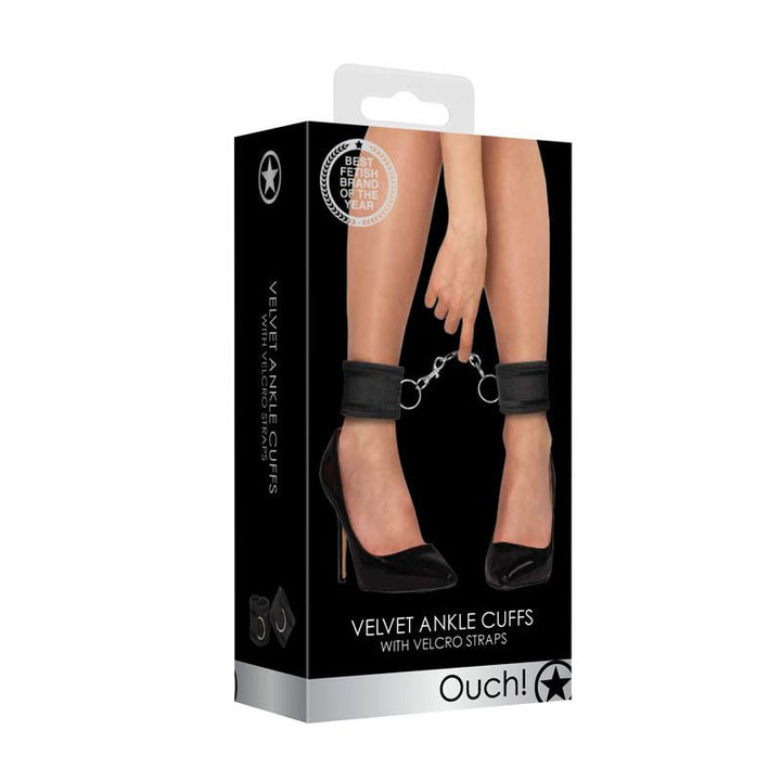 Ouch! Velvet & Velcro Adjustable Ankle Cuffs - Black Leg Restraints