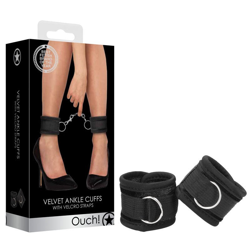 Ouch! Velvet & Velcro Adjustable Ankle Cuffs - Black Leg Restraints