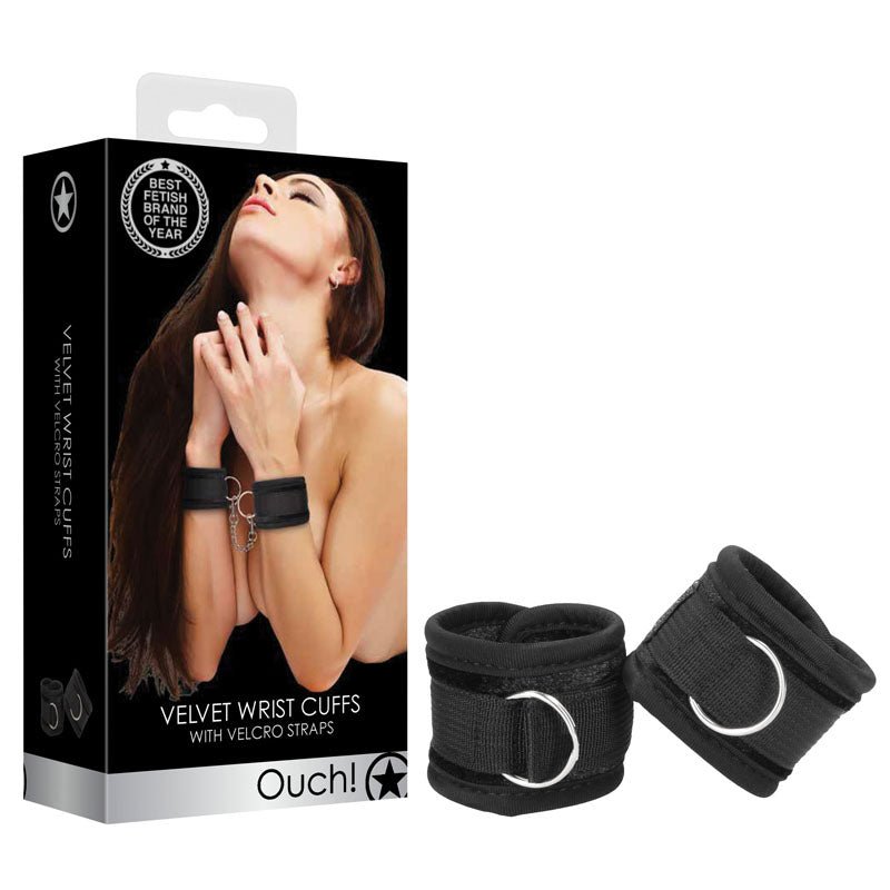 OUCH! Velvet & Velcro Adjustable Handcuffs - Black Restraints