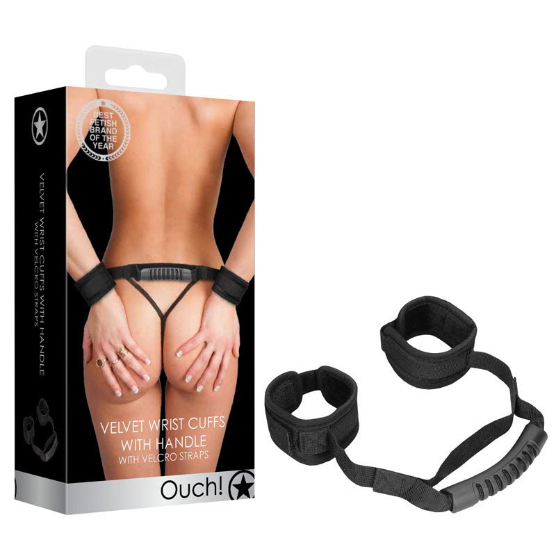 OUCH! Velvet & Velcro Handcuffs with Handle - Black Restraints