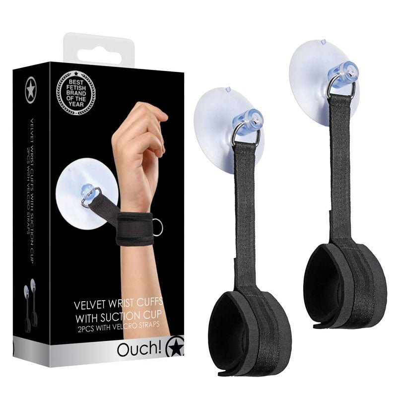 Ouch! Velvet & Velcro Handcuffs with Suction Cup - Black Restraints