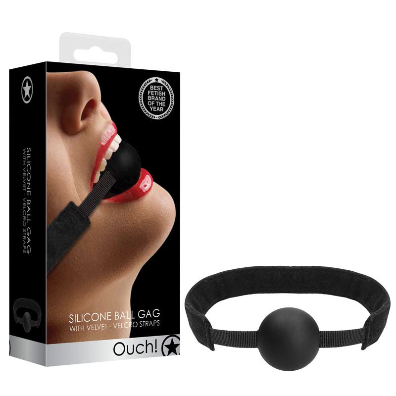 Ouch! Velvet & Velcro Adjustable Silicone Ball Gag - Black 