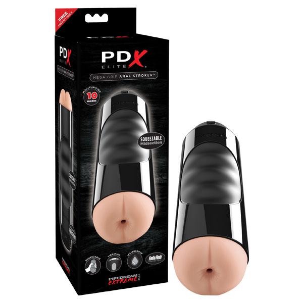 PDX Elite Mega Grip Anal Stroker - Black/Flesh Vibrating Anal Stroker