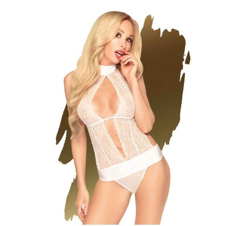 Penthouse PERFECT LOVER - White High Neck Keyhole Playsuit - S/M 
