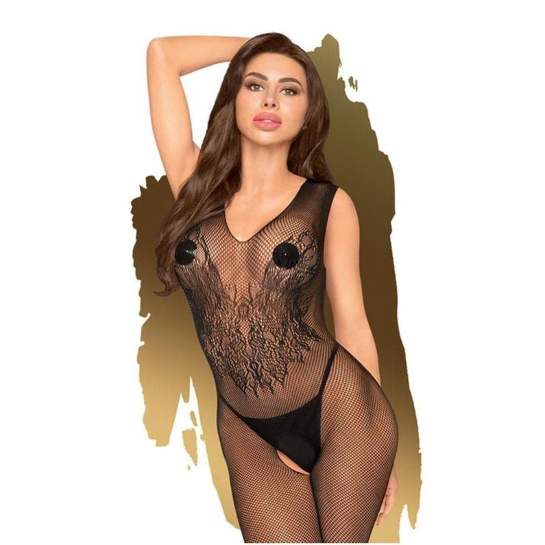 Penthouse WILD CATCH - Black Embroided Fishnet Bodystocking - XL