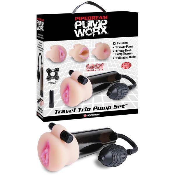 Pump Worx Travel Trio Pump Set - Smoke Vibrating Penis Pump with 3 Penis Sleeves