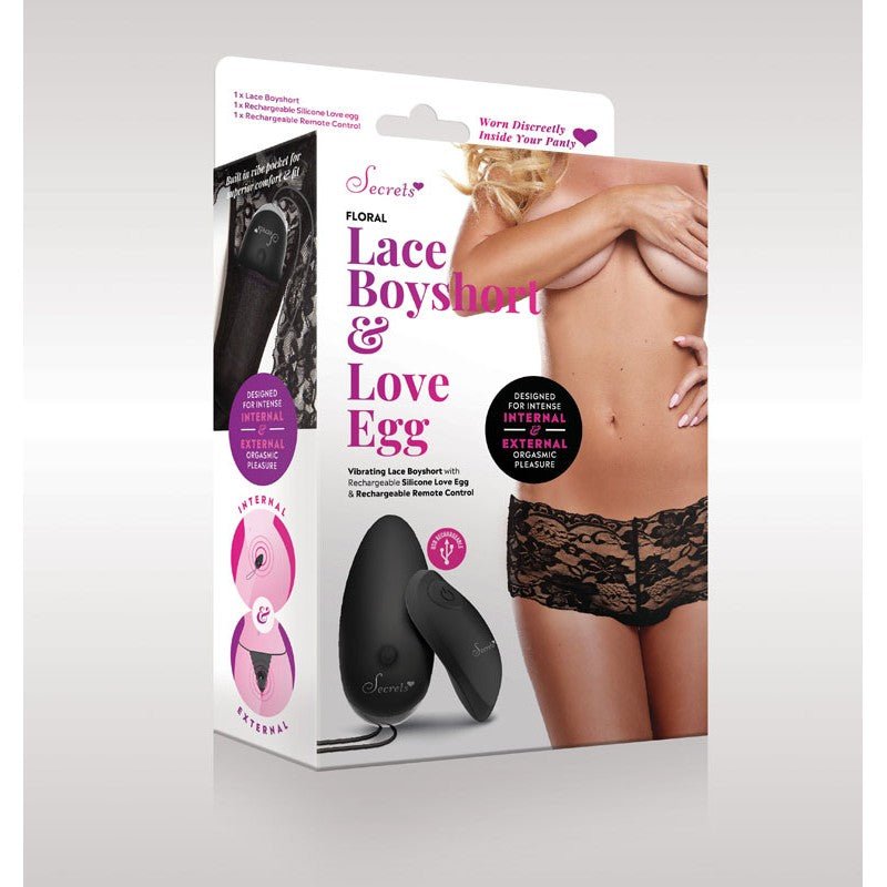 Secrets Floral Lace Boyshort & Love Egg -Vibrating Panty - Black - OS