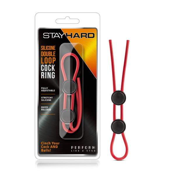Stay Hard Silicone Double Loop Cock Ring - Red Adjustable Lasso Cock Ring