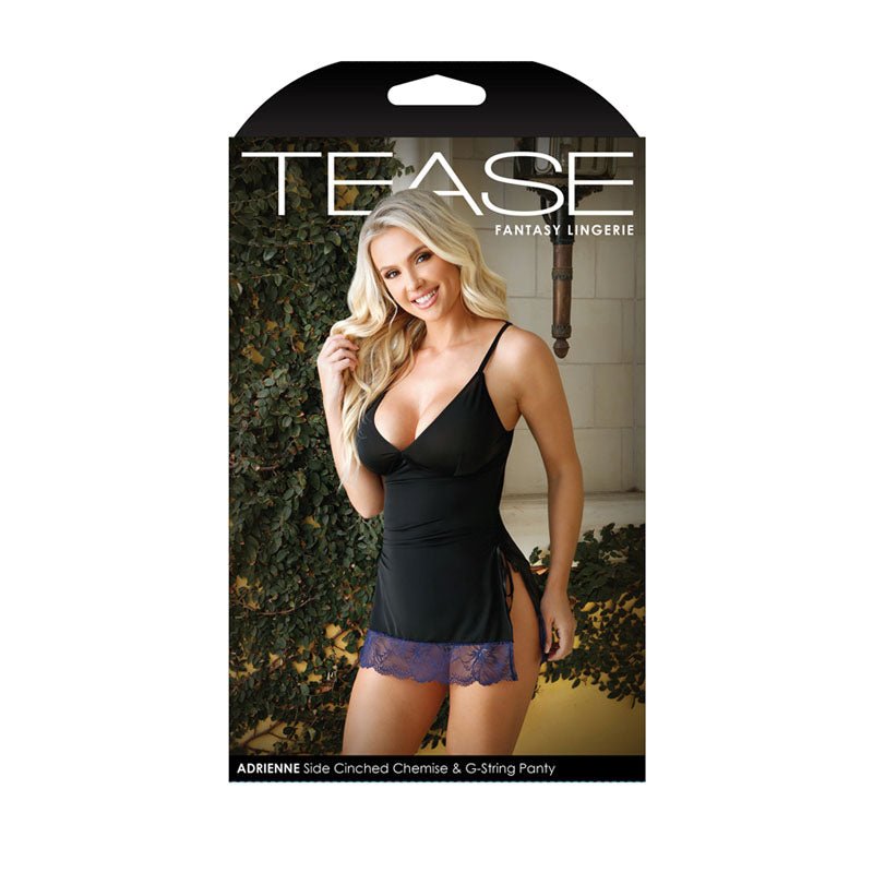 TEASE ADRIENNE Side Cinched Chemise & G-String Panty - Black - S/M