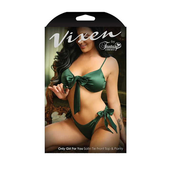 VIXEN ONLY GIRL FOR YOU - Emerald Green Satin Tie Front Top & Panty - OS