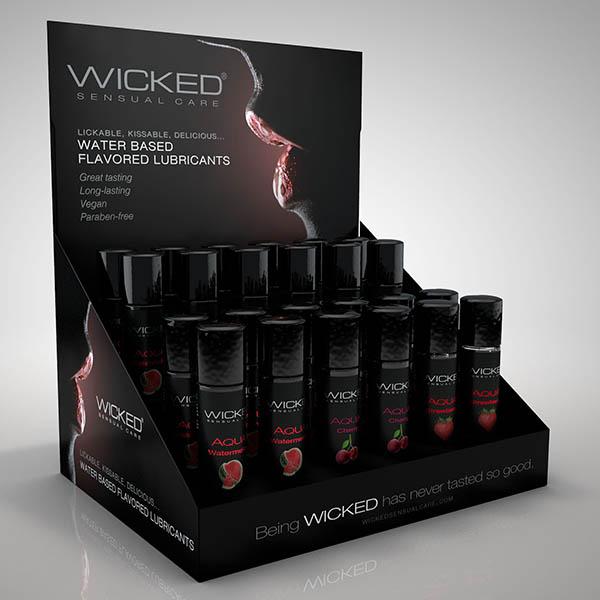 Wicked Aqua Classic Flavours POP Display - Strawberry, Cherry & Watermelon Flavoured Lubes - Counter Display of 24 x 30ml Bottles
